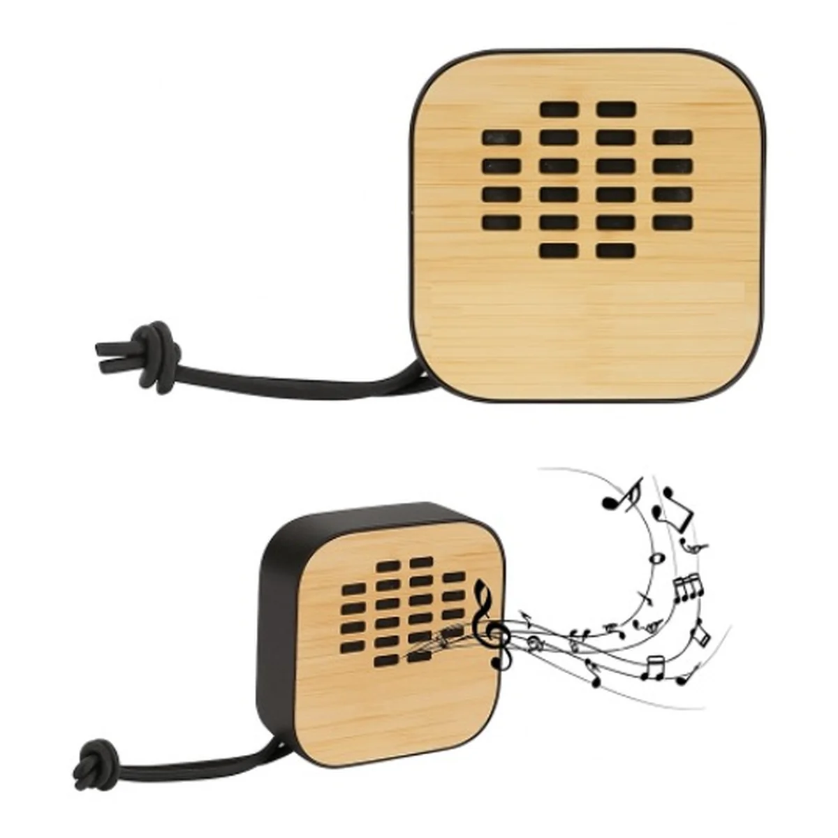 Haut-Parleur Cube Métal Noir avec Face en Bois et Anse Cuir Personnalisé – Audio Premium Maroc