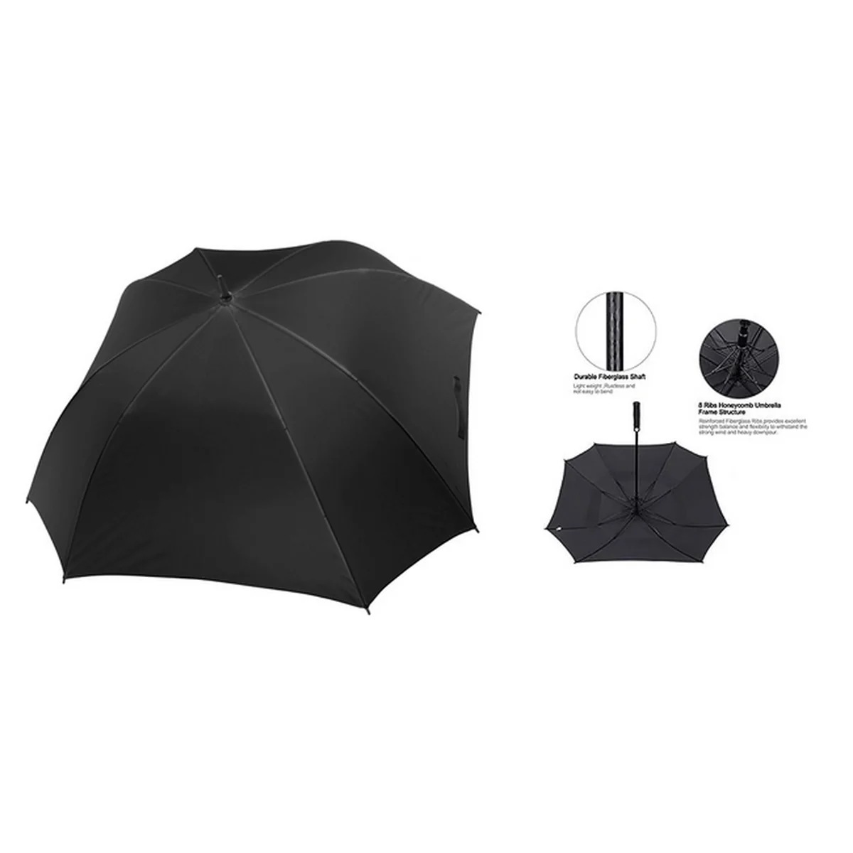 Parapluie golf carré 8 panneaux noir avec poignet éponge