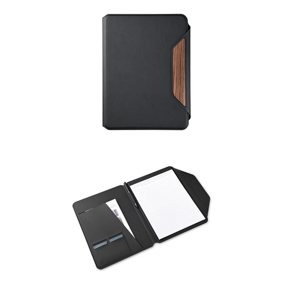 Porte-documents A4 noir avec plaque de fermeture en bois
