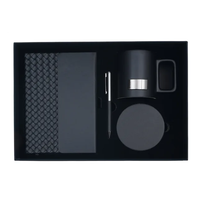 Coffret 4 pièces bloc note stylo mug plaque métallique et sous verre