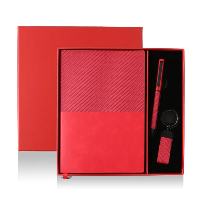 Coffret 3 pièces bloc-notes tressé, stylo et porte-clés simili-cuir