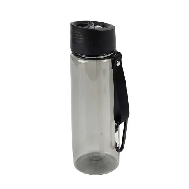 Gourde en plastique avec paille, anse en tissu et mousqueton