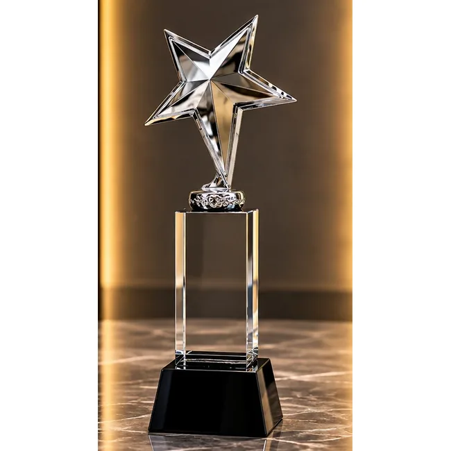 Trophée étoile sur cube en cristal avec socle