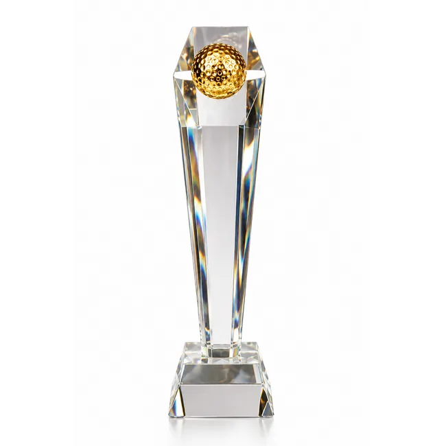 Trophée en cristal tour 23 cm avec balle de golf en relief