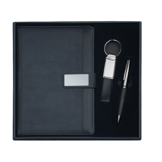 Coffret 3 pièces bloc-notes plaque métallique porte-clés stylo simili
